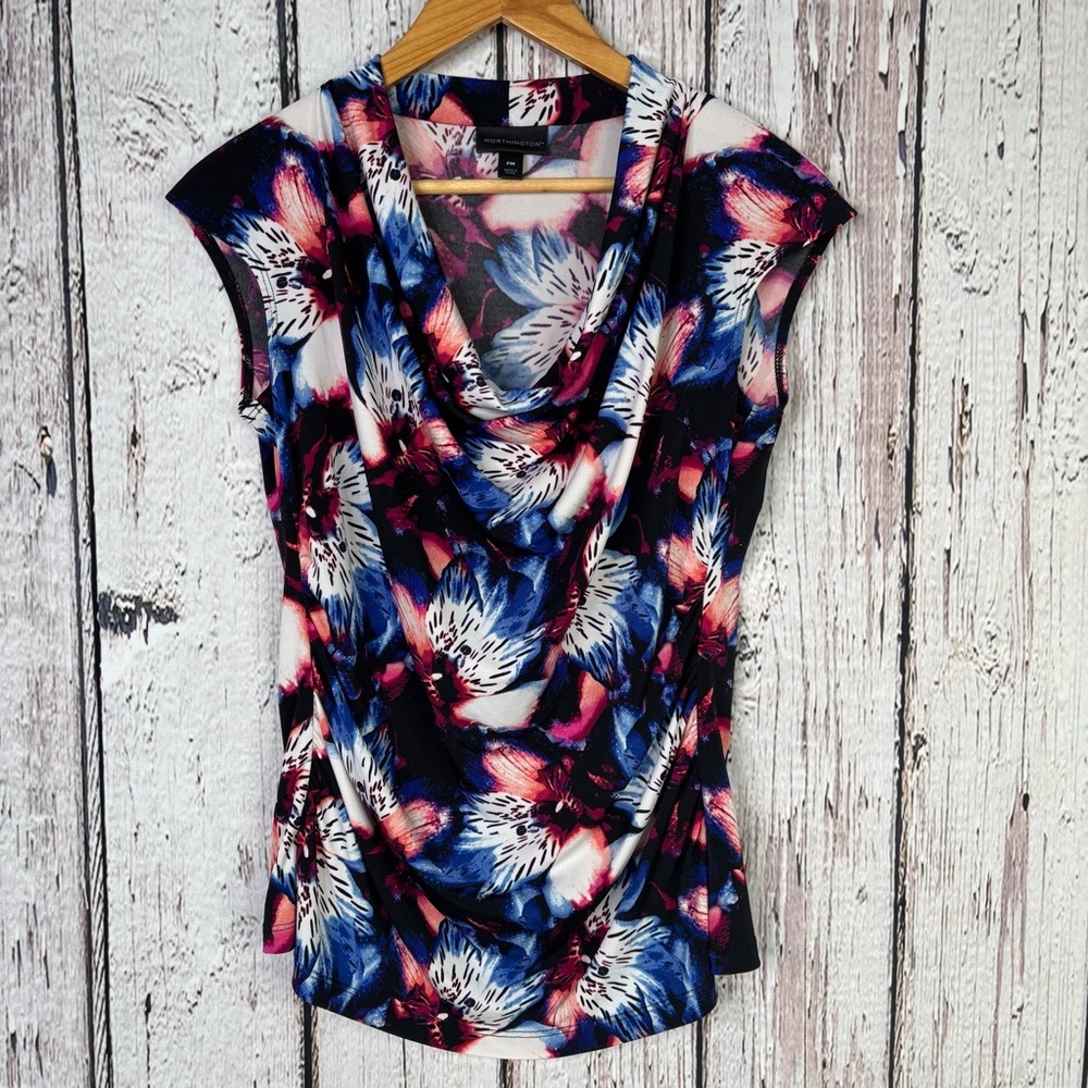Worthington Size Petite Medium PM Cowl Neck Floral Blouse Cap‎ Sleeves Pullover